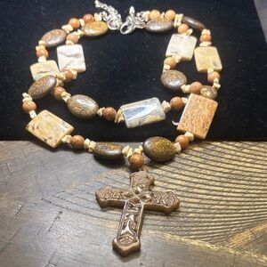 Earth-Tone Cross Pendant Necklace in Brown and Cream